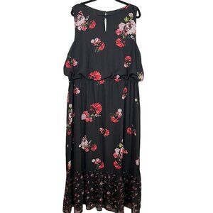 Chicos Dress 2X Black Floral Maxi Tropical Feminine Tiered Retro Whimsical 80s
